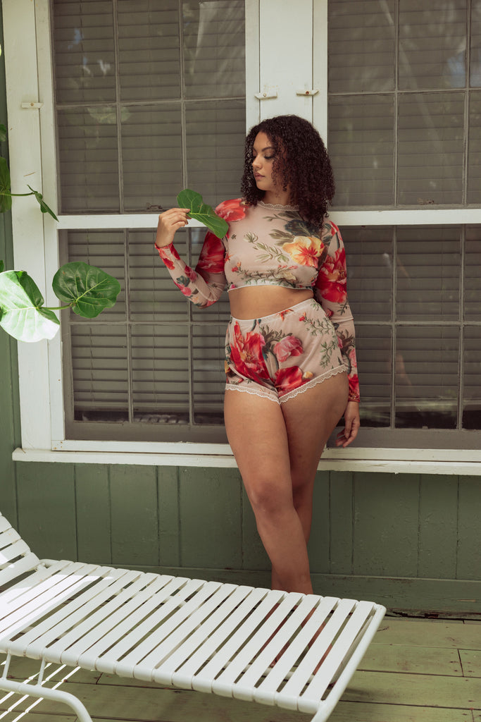FLORAL MESH HIGH WAISTED SHORTS