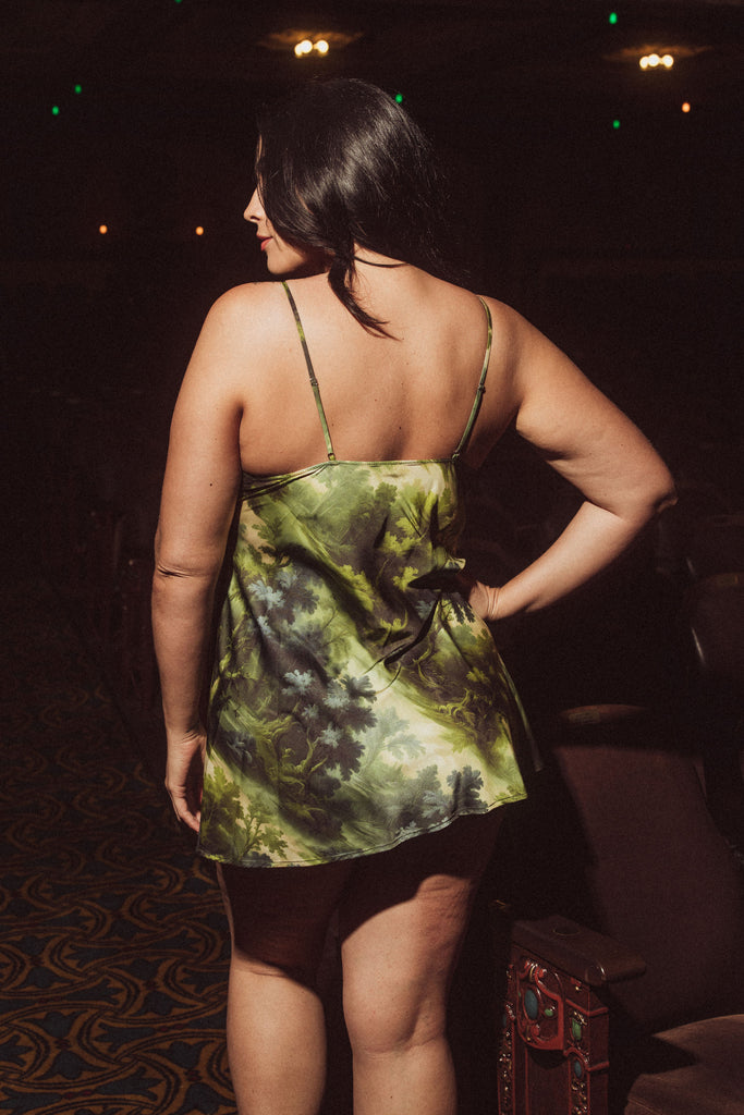 SATIN GREEN PRINTED MINI SLIP