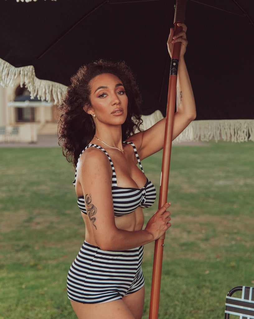 woman in stripe bikini